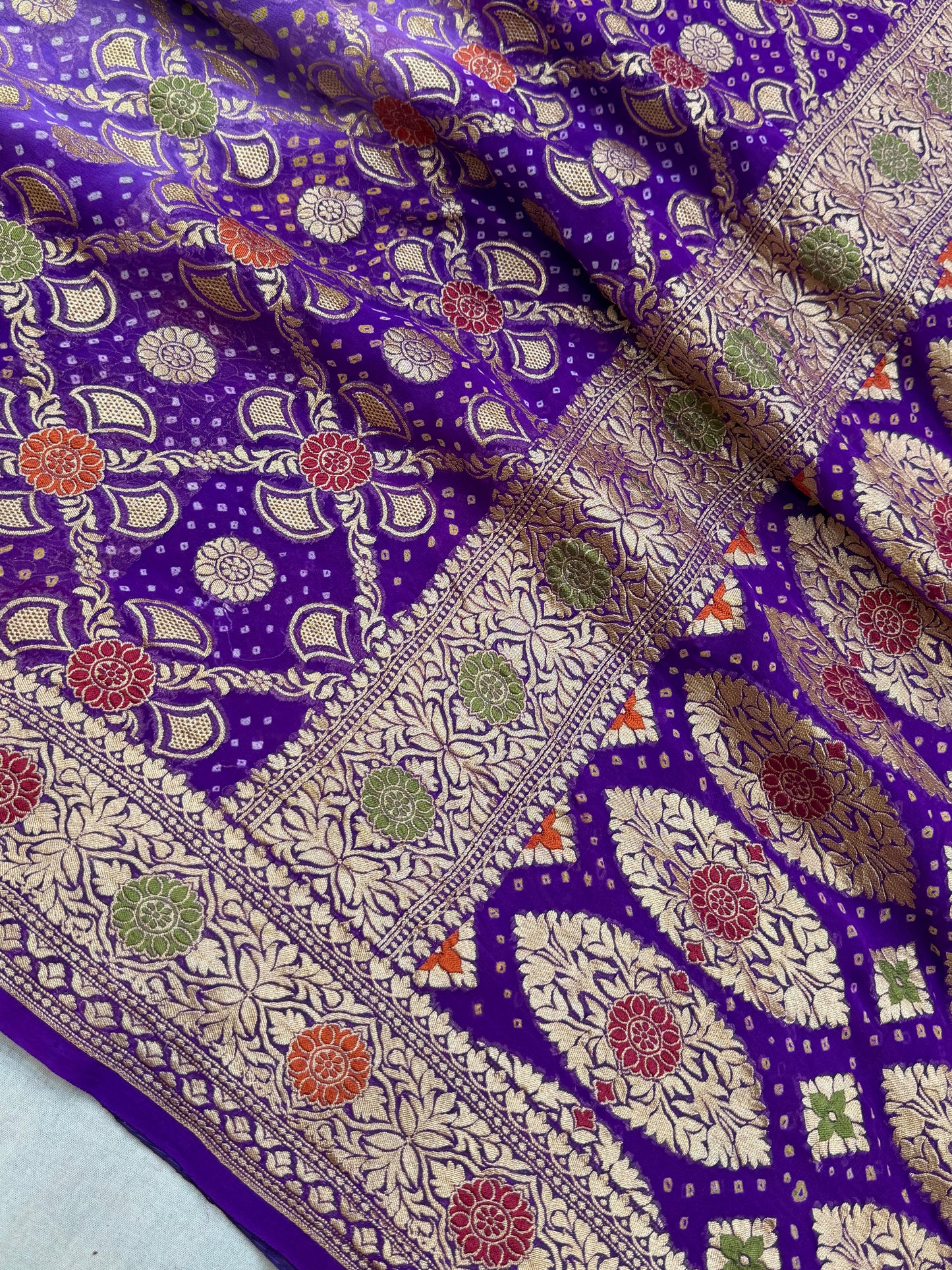 Pure Georgette Banarasi Bandhej Handloom Saree - Meenakari