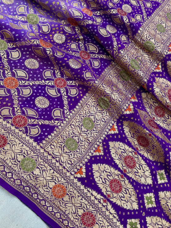 Pure Georgette Banarasi Bandhej Handloom Saree - Meenakari