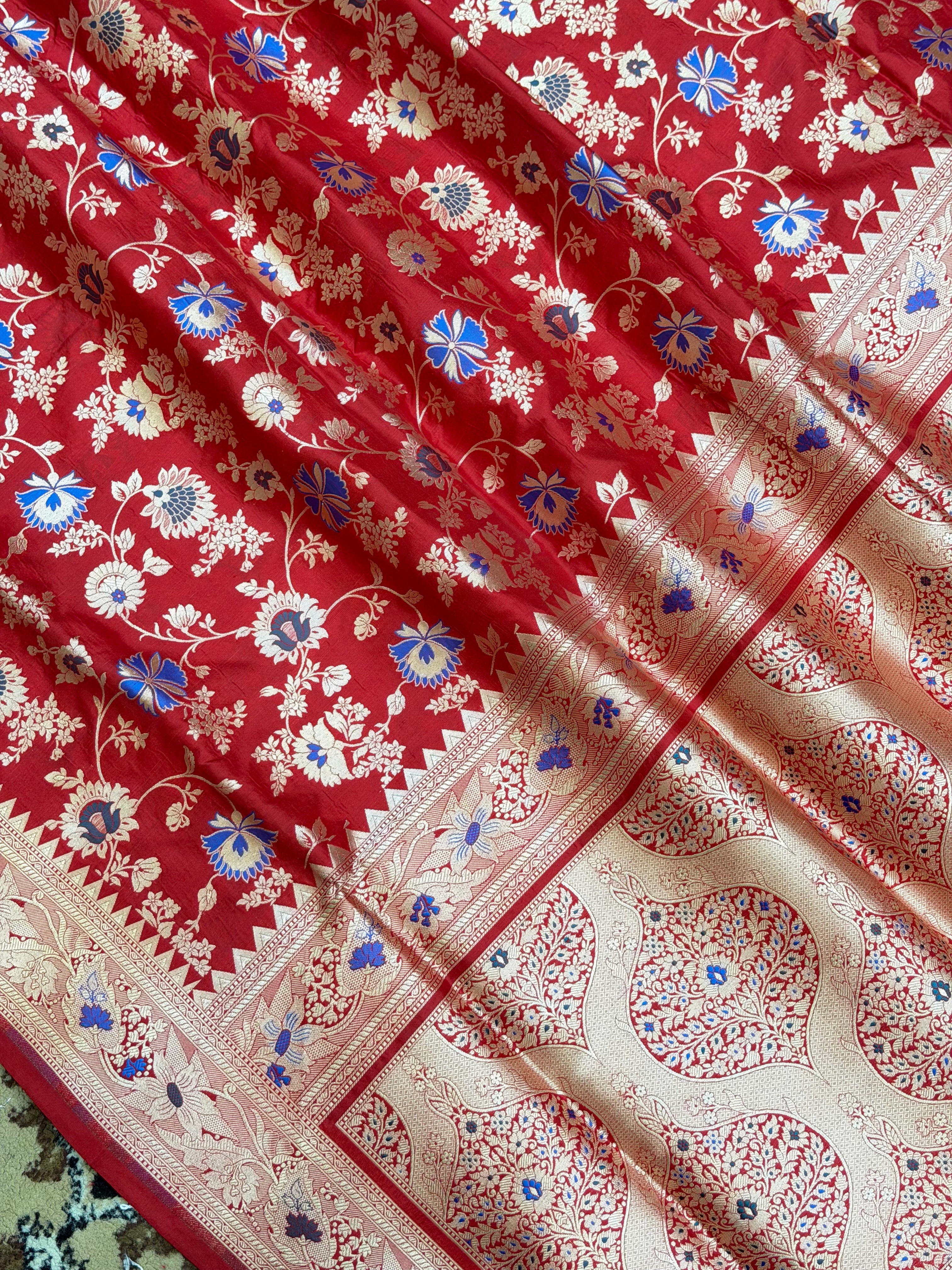 Red Color Pure Silk Handloom Banarasi Saree - All Over Jaal work with Meenakari