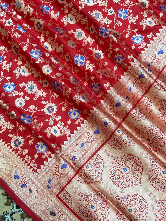 Red Color Pure Silk Handloom Banarasi Saree - All Over Jaal work with Meenakari