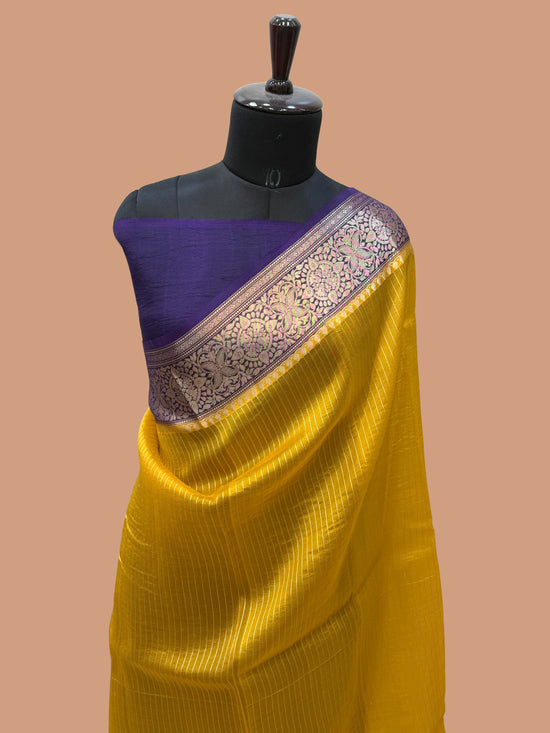 Yellow Color Pure Organza Handloom Banarasi Saree - All Over Stripe Design