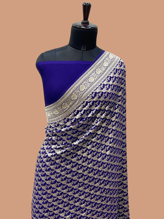 Royal Blue Color Khaddi Georgette Banarasi Saree - All Over Water Zari Work