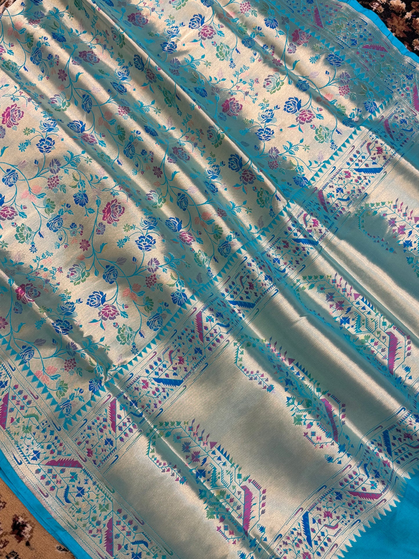 Aqua Blue Color Pure Silk Paithani Handloom Banarasi Saree - All Over Paithani work