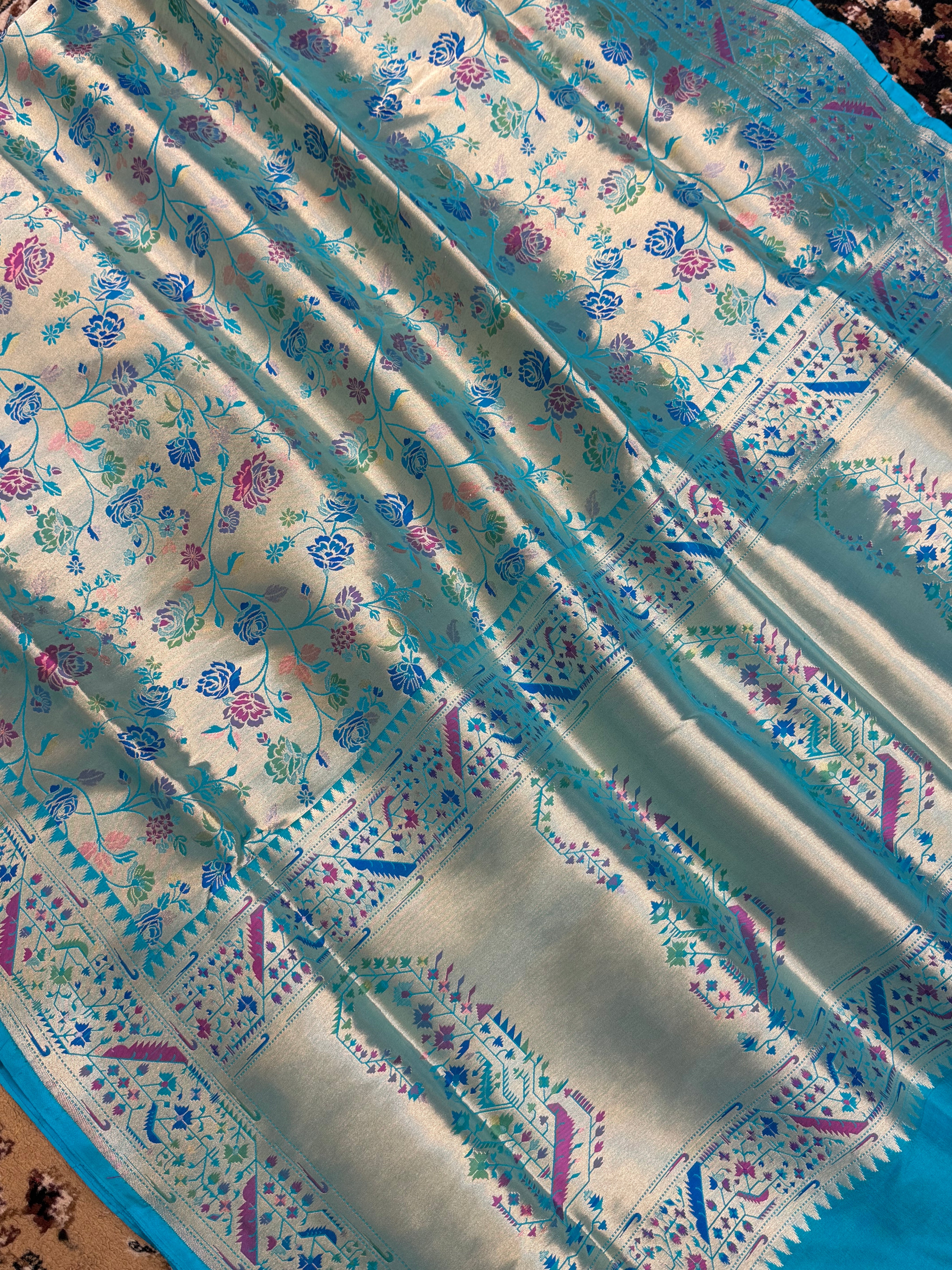 Aqua Blue Color Pure Silk Paithani Handloom Banarasi Saree - All Over Paithani work