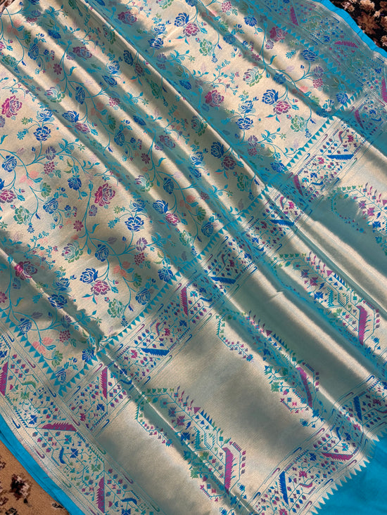 Aqua Blue Color Pure Silk Paithani Handloom Banarasi Saree - All Over Paithani work