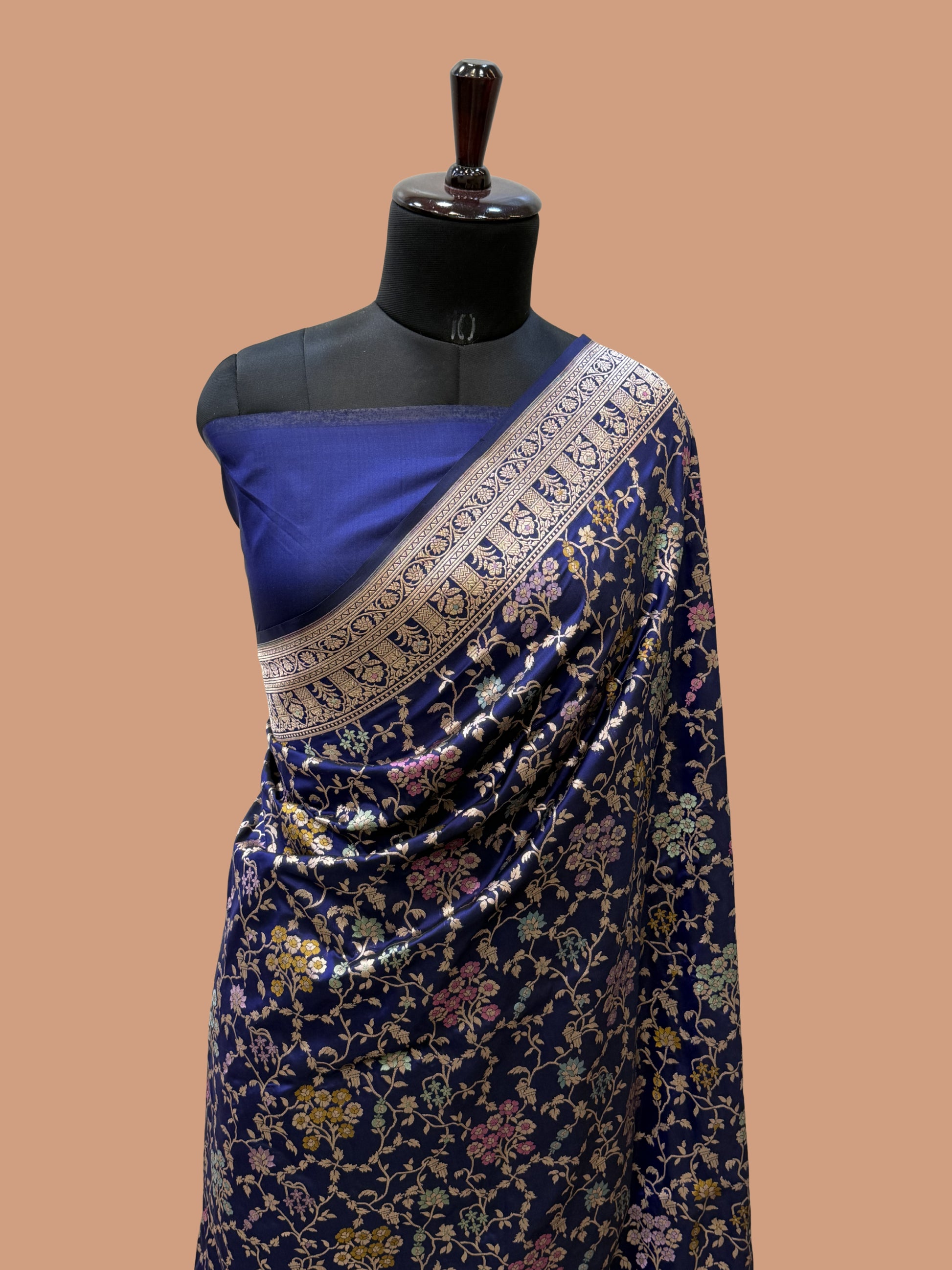 Navy Blue Color Pure Silk Handloom Banarasi Saree - All Over Jaal Work with Meenakari