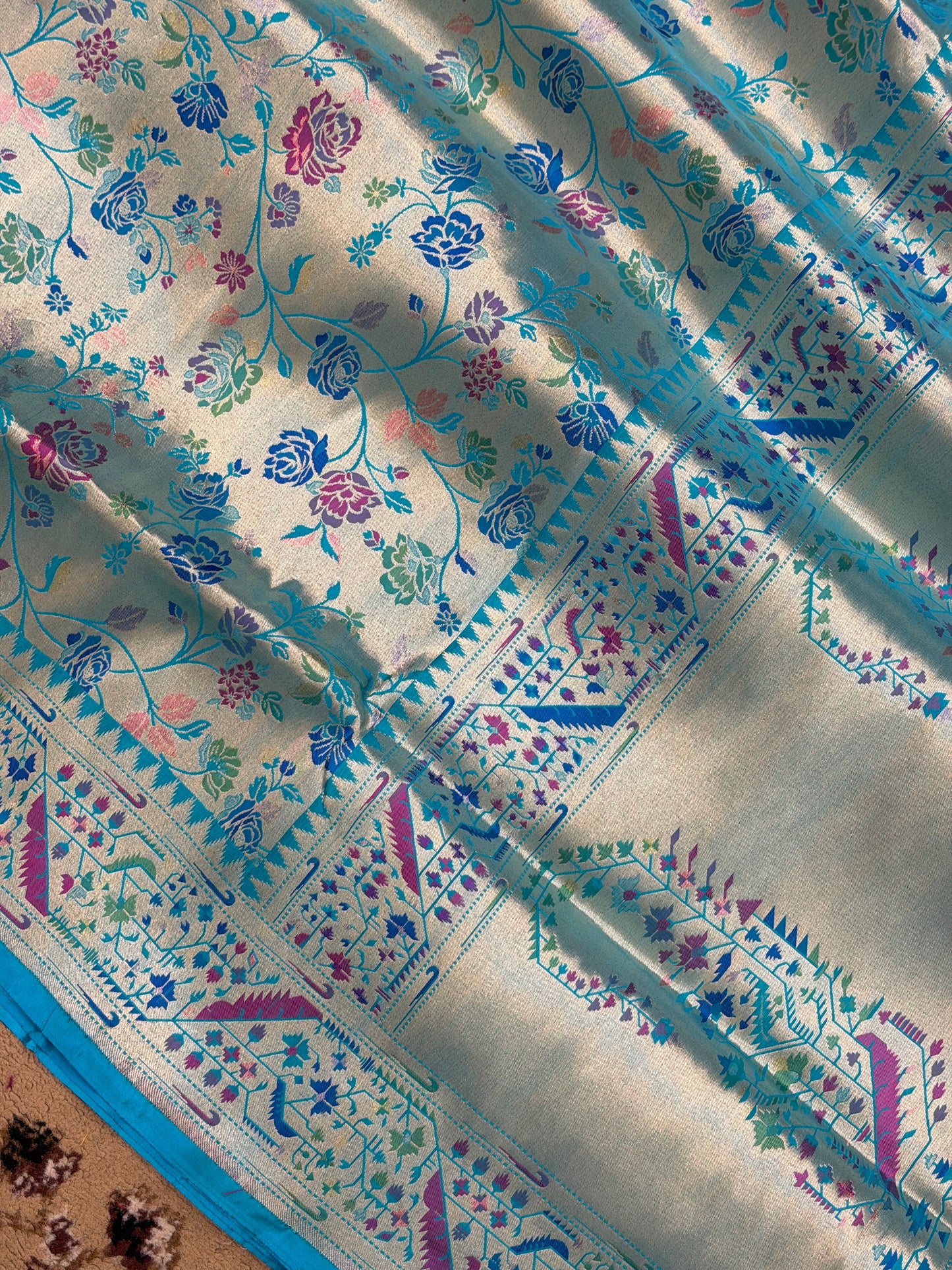 Aqua Blue Color Pure Silk Paithani Handloom Banarasi Saree - All Over Paithani work