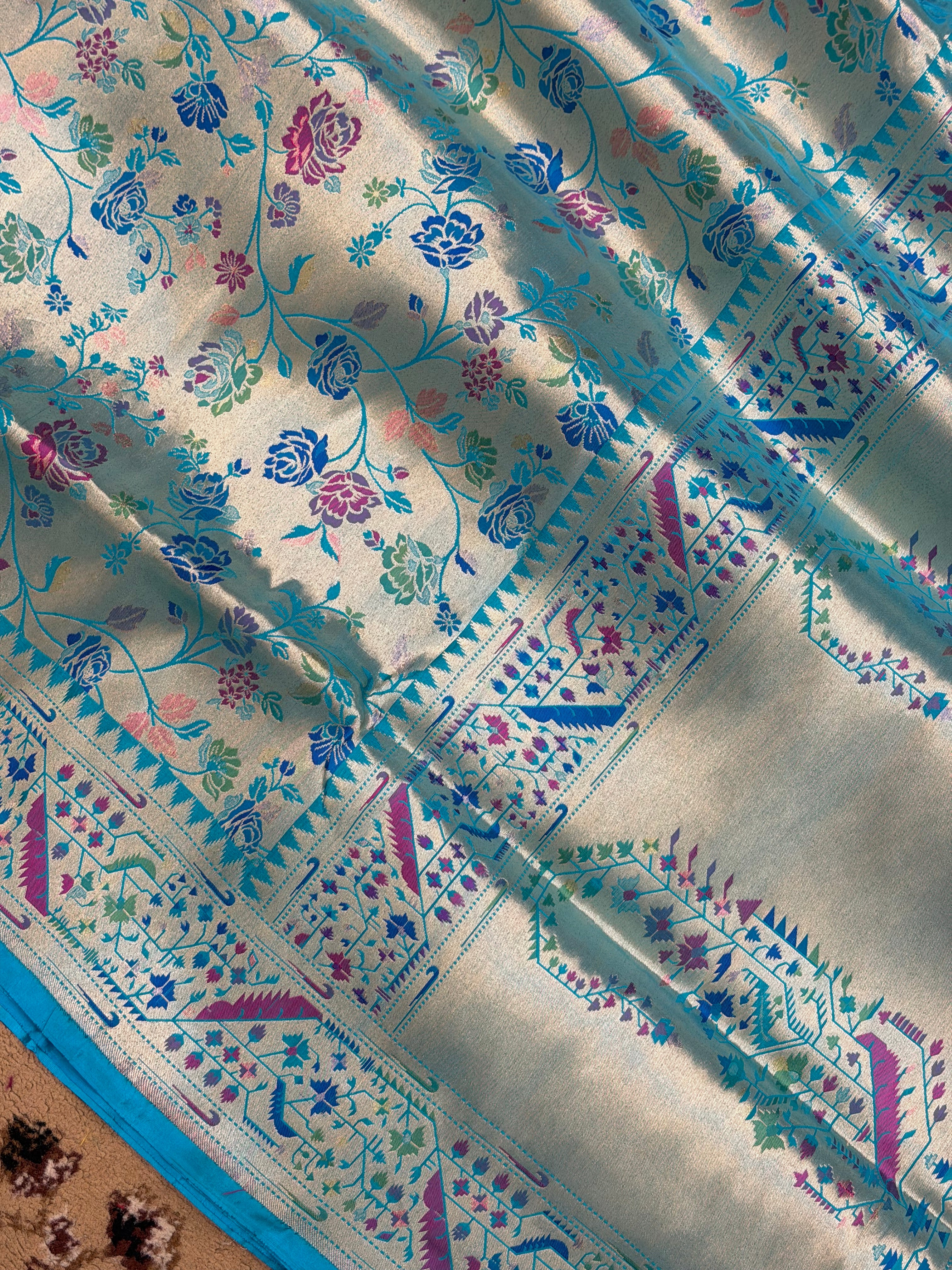 Aqua Blue Color Pure Silk Paithani Handloom Banarasi Saree - All Over Paithani work