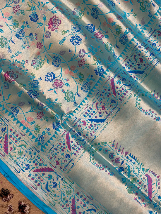 Aqua Blue Color Pure Silk Paithani Handloom Banarasi Saree - All Over Paithani work