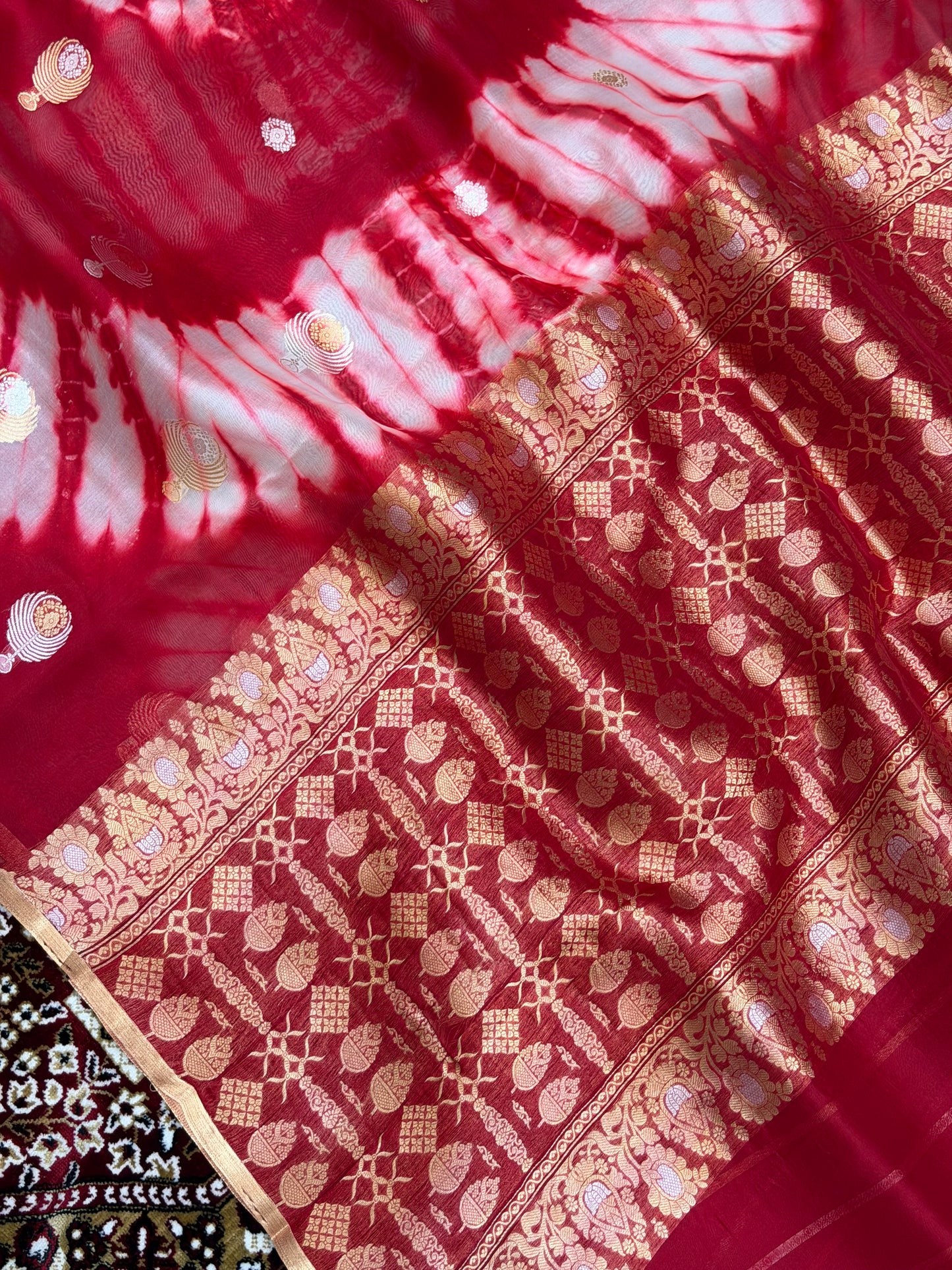 Red Color Pure Organza Handloom Banarasi Saree with Japanese Shibori Dye