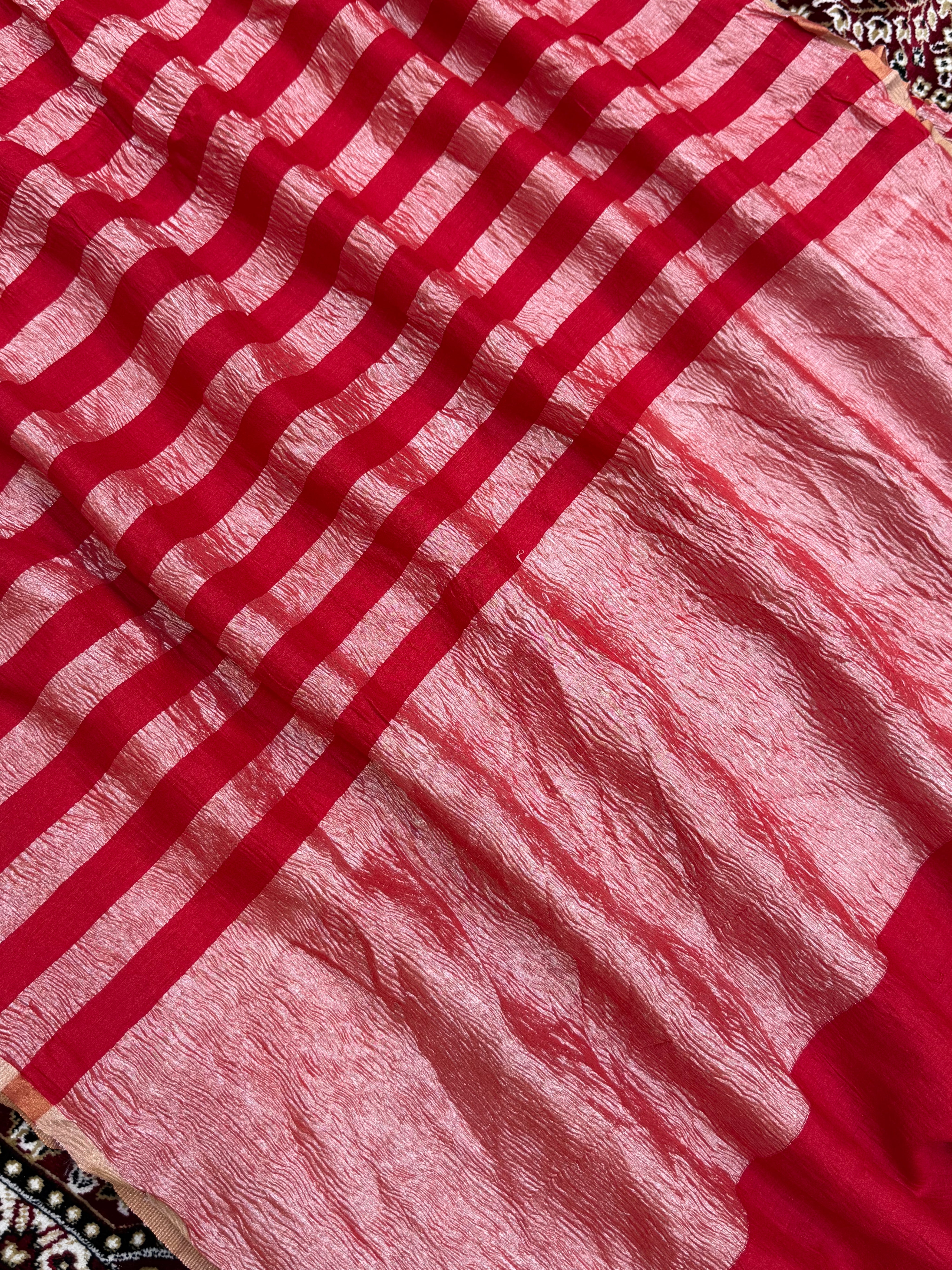 Chery Color Chiniya Tissue  Silk Banarasi Saree with Stripe Design