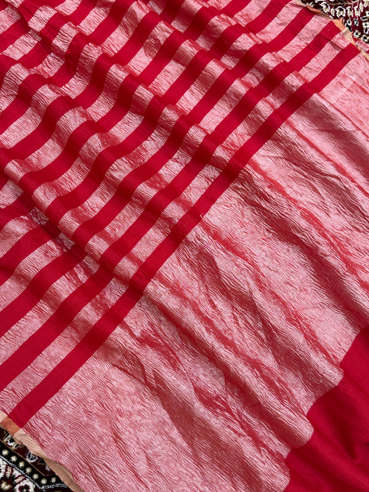 Chery Color Chiniya Tissue  Silk Banarasi Saree with Stripe Design