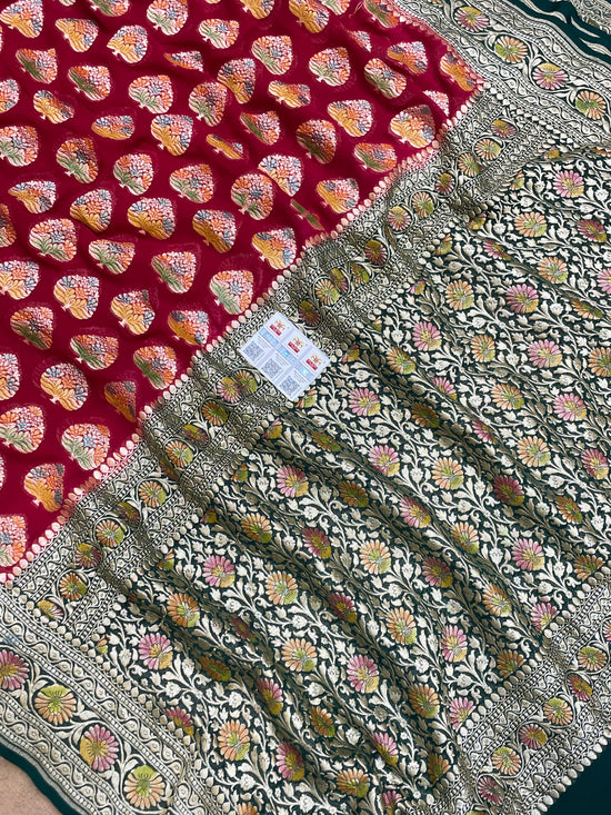 Maroon color Khaddi Georgette Banarasi saree - All Over Buta work  with Meenakari