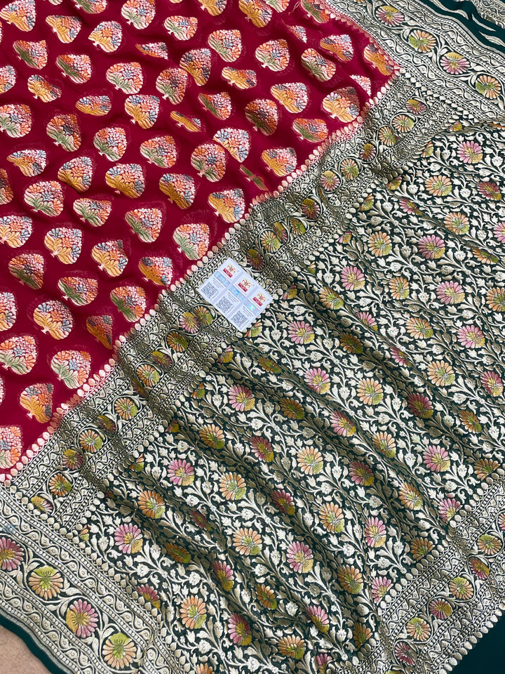 Maroon color Khaddi Georgette Banarasi saree - All Over Buta work  with Meenakari