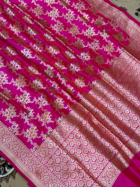 Rani Color Pure Silk Handloom Banarasi Saree - All Over Buta work with Meenakari