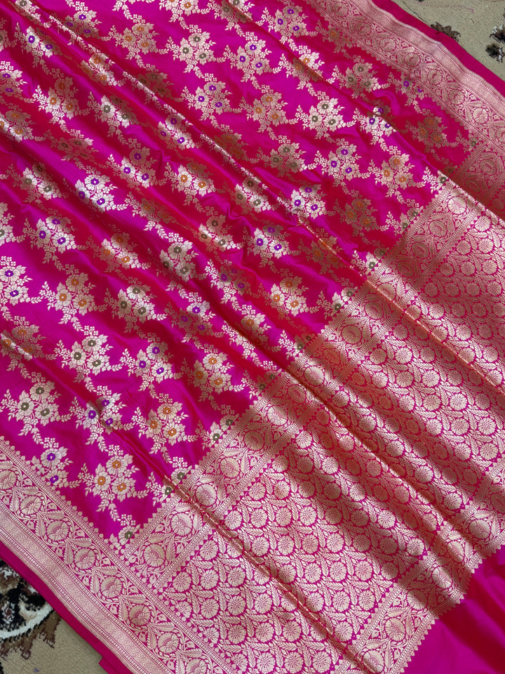 Rani Color Pure Silk Handloom Banarasi Saree - All Over Buta work with Meenakari