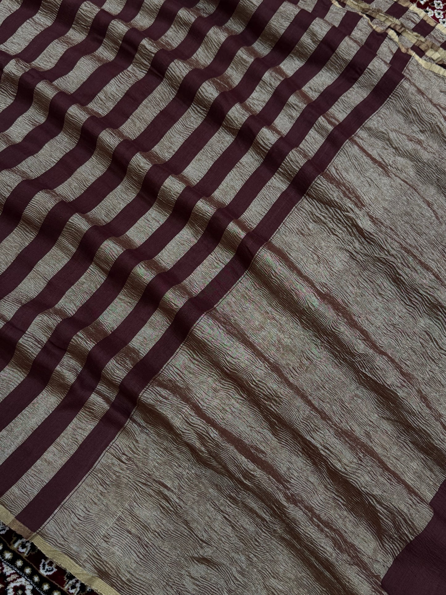 Dark Wine Color Chiniya Tissue  Silk Banarasi Saree with Stripe Design
