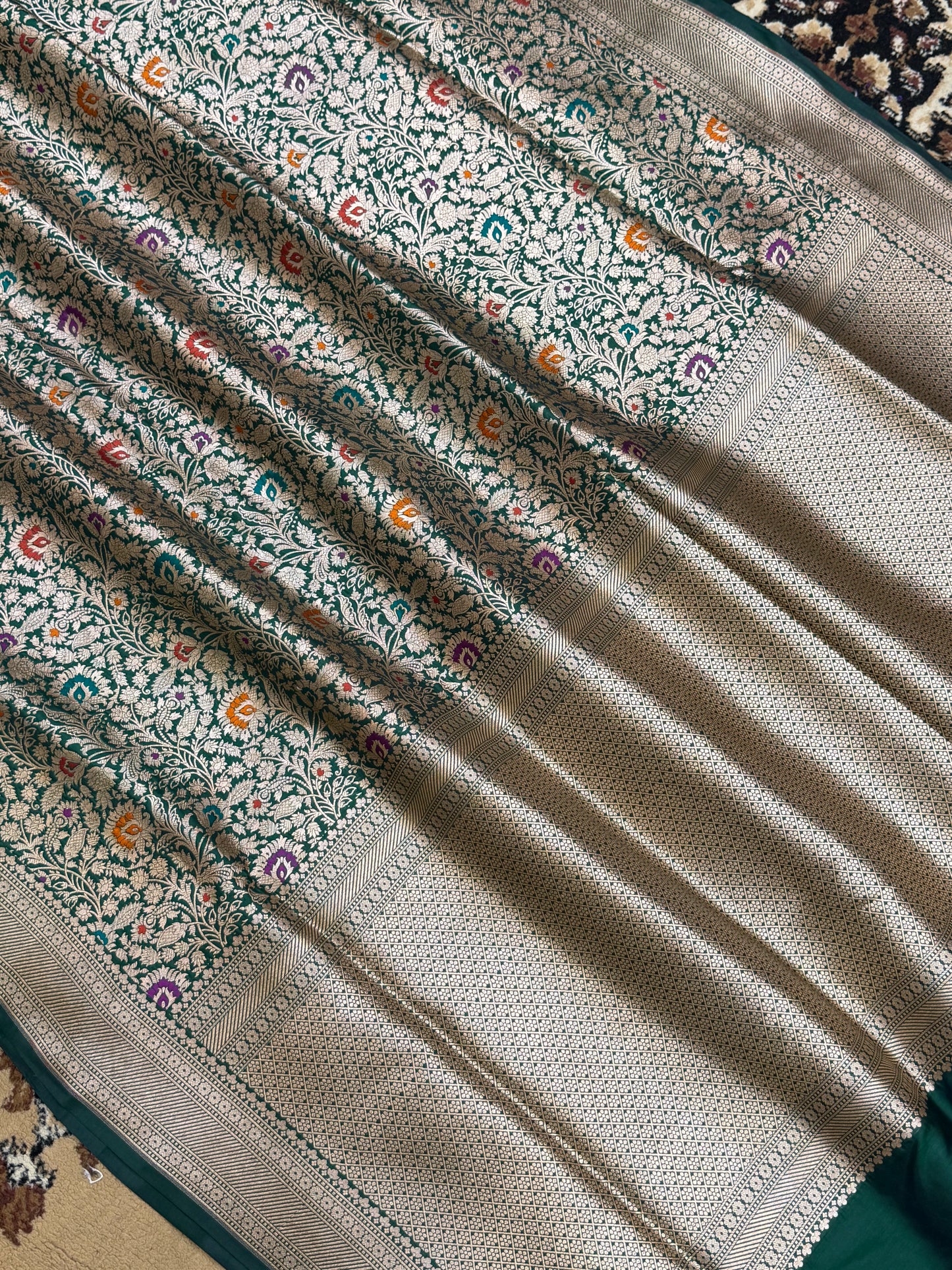 Bottle Green Color Pure Silk handloom Banarasi Saree - All Over Brocade Design with Meenakari