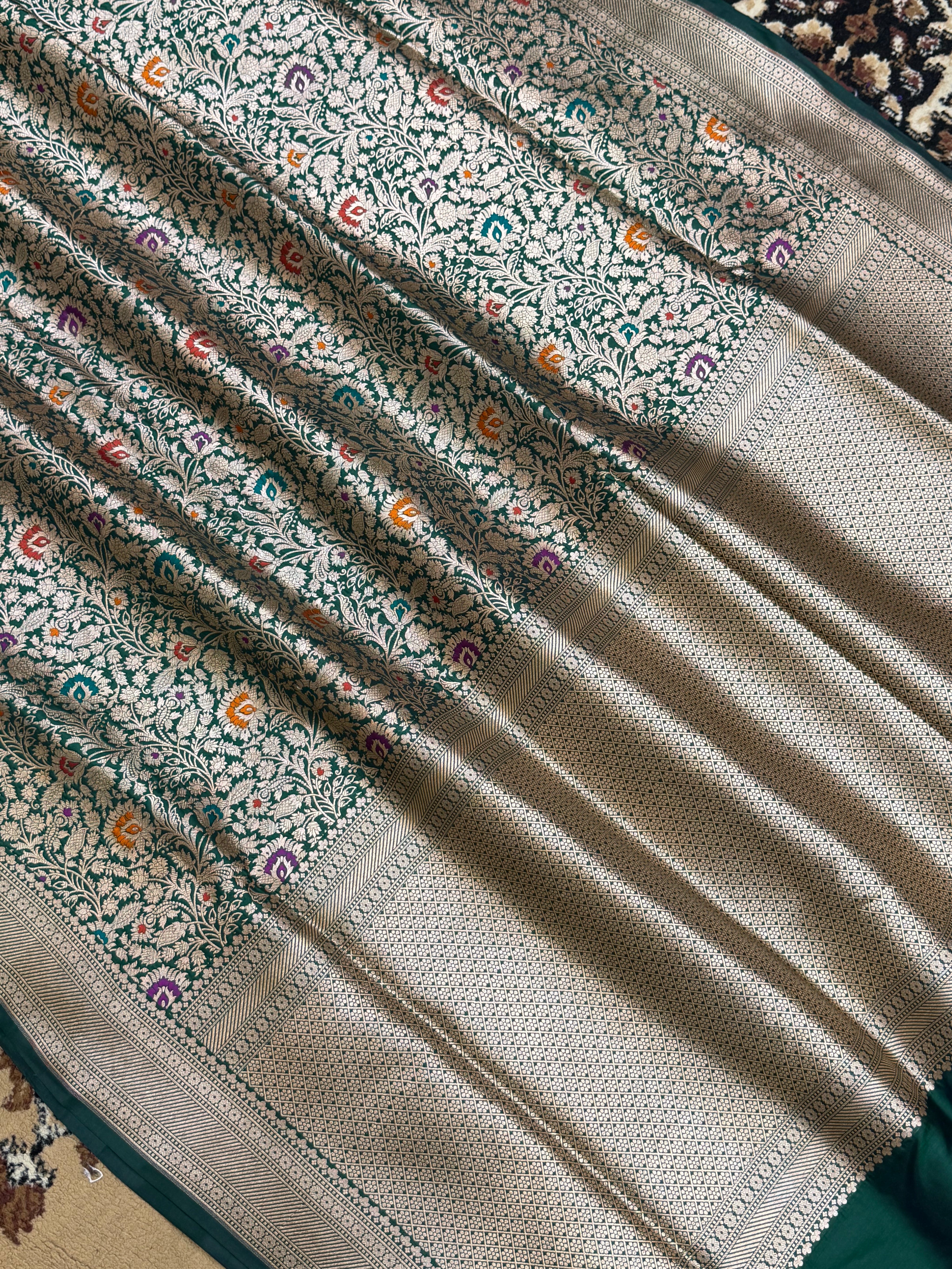 Bottle Green Color Pure Silk handloom Banarasi Saree - All Over Brocade Design with Meenakari