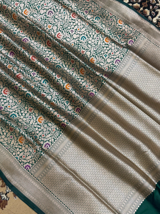 Bottle Green Color Pure Silk handloom Banarasi Saree - All Over Brocade Design with Meenakari