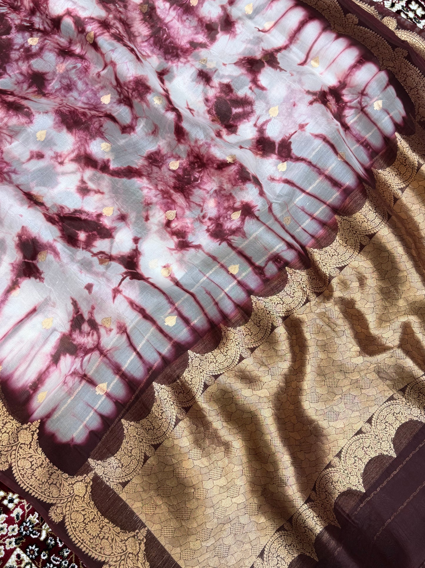 Wine Color Pure Organza Handloom Banarasi Saree with Japanese Shibori Dye