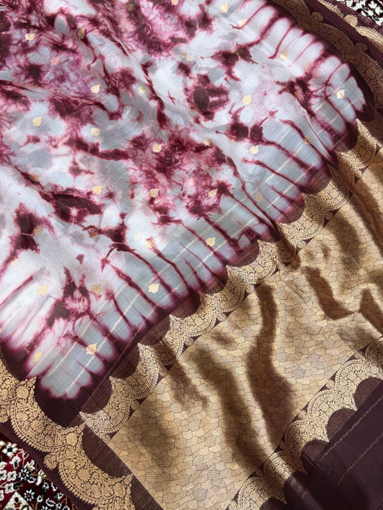 Wine Color Pure Organza Handloom Banarasi Saree with Japanese Shibori Dye