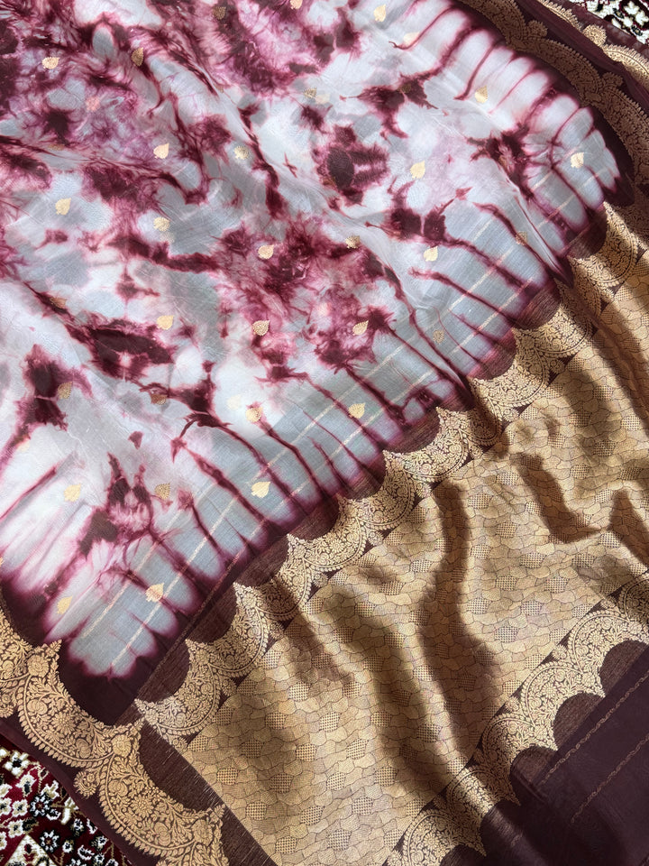 Wine Color Pure Organza Handloom Banarasi Saree with Japanese Shibori Dye