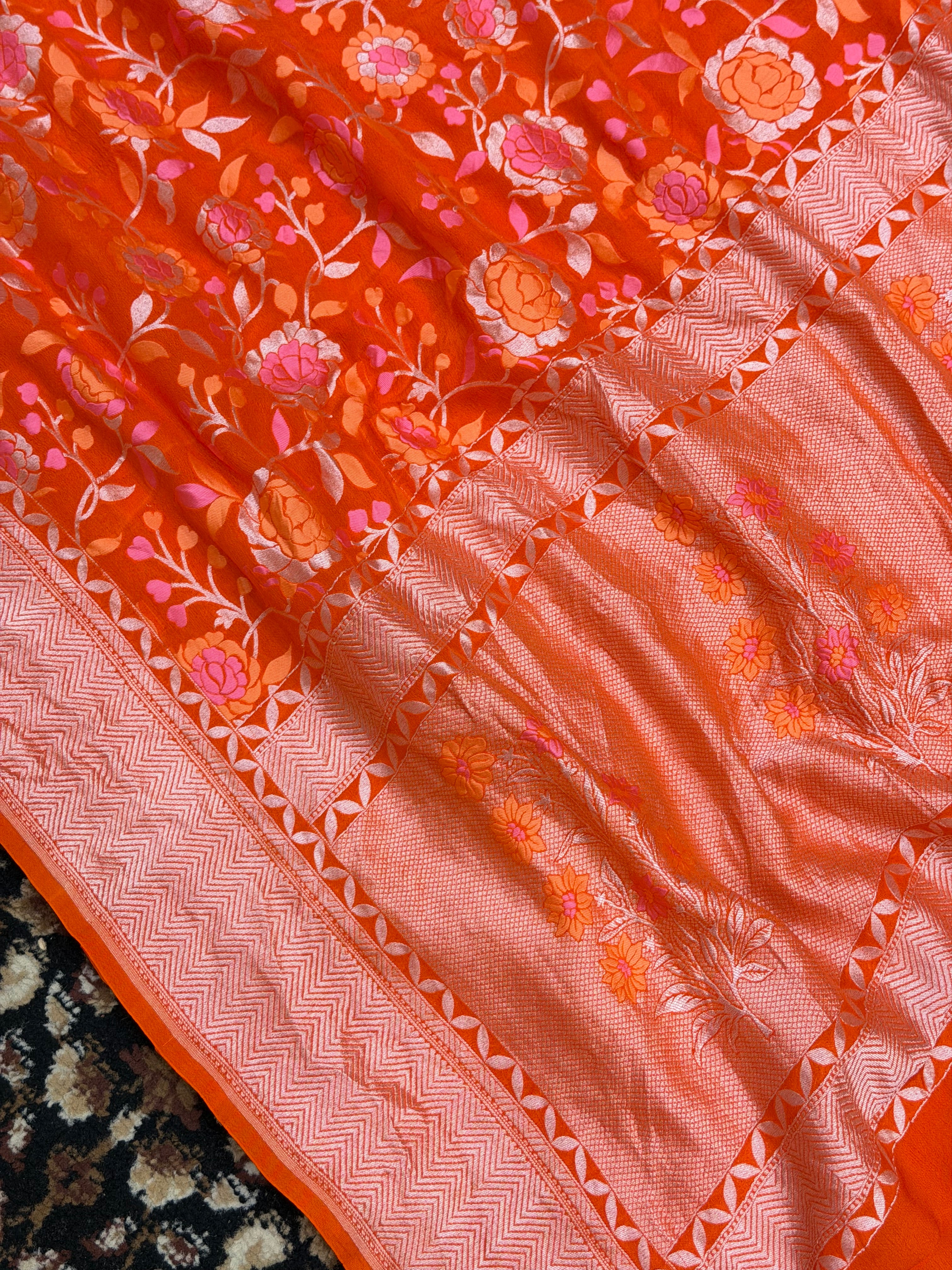 Fanta Color Khaddi Georgette Tilfi Meenakari Banarasi Saree