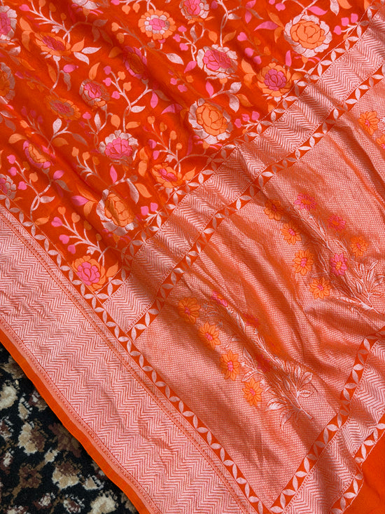 Fanta Color Khaddi Georgette Tilfi Meenakari Banarasi Saree