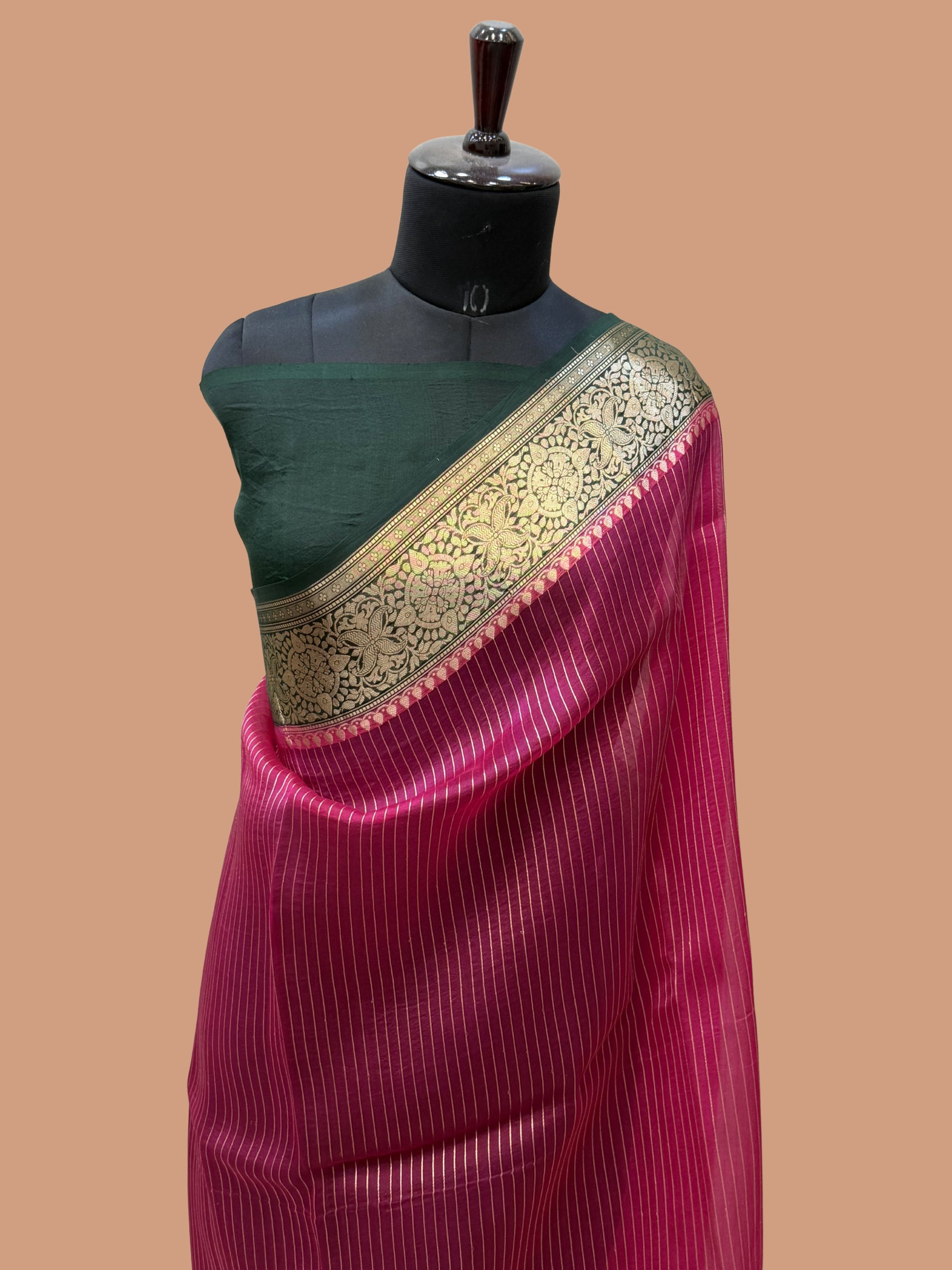 Rani Color Pure Organza Handloom Banarasi Saree - All Over Stripe Design