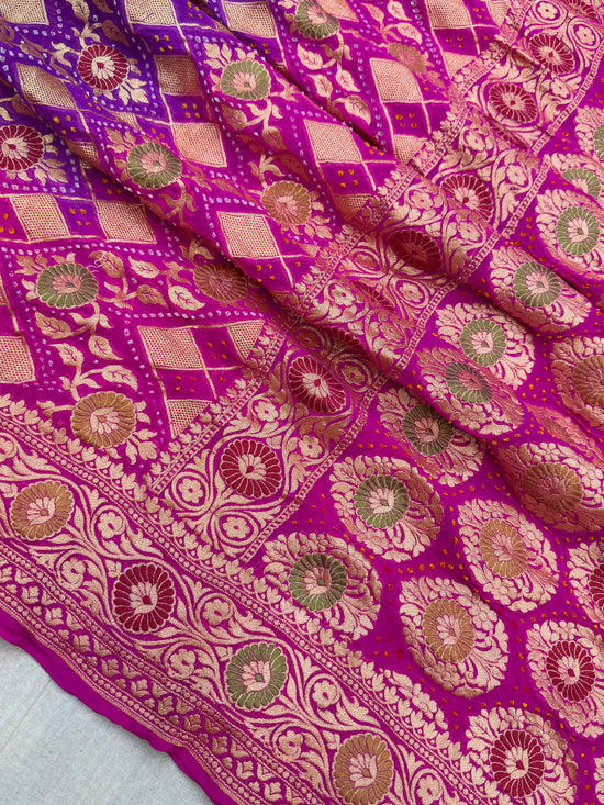 Pure Georgette Banarasi Bandhej Handloom Saree - Meenakari