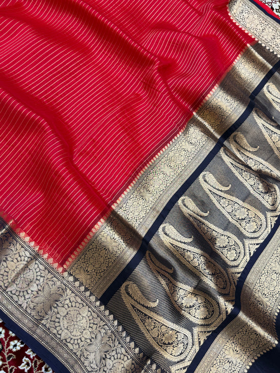 Red Color Pure Organza Handloom Banarasi Saree - All Over Stripe Design