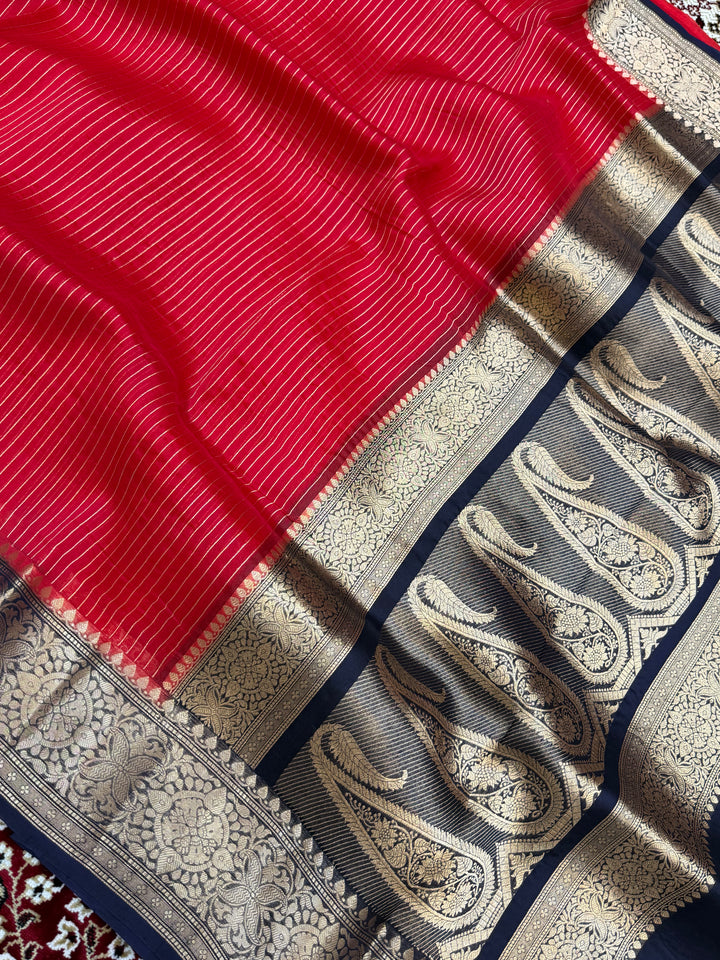 Red Color Pure Organza Handloom Banarasi Saree - All Over Stripe Design