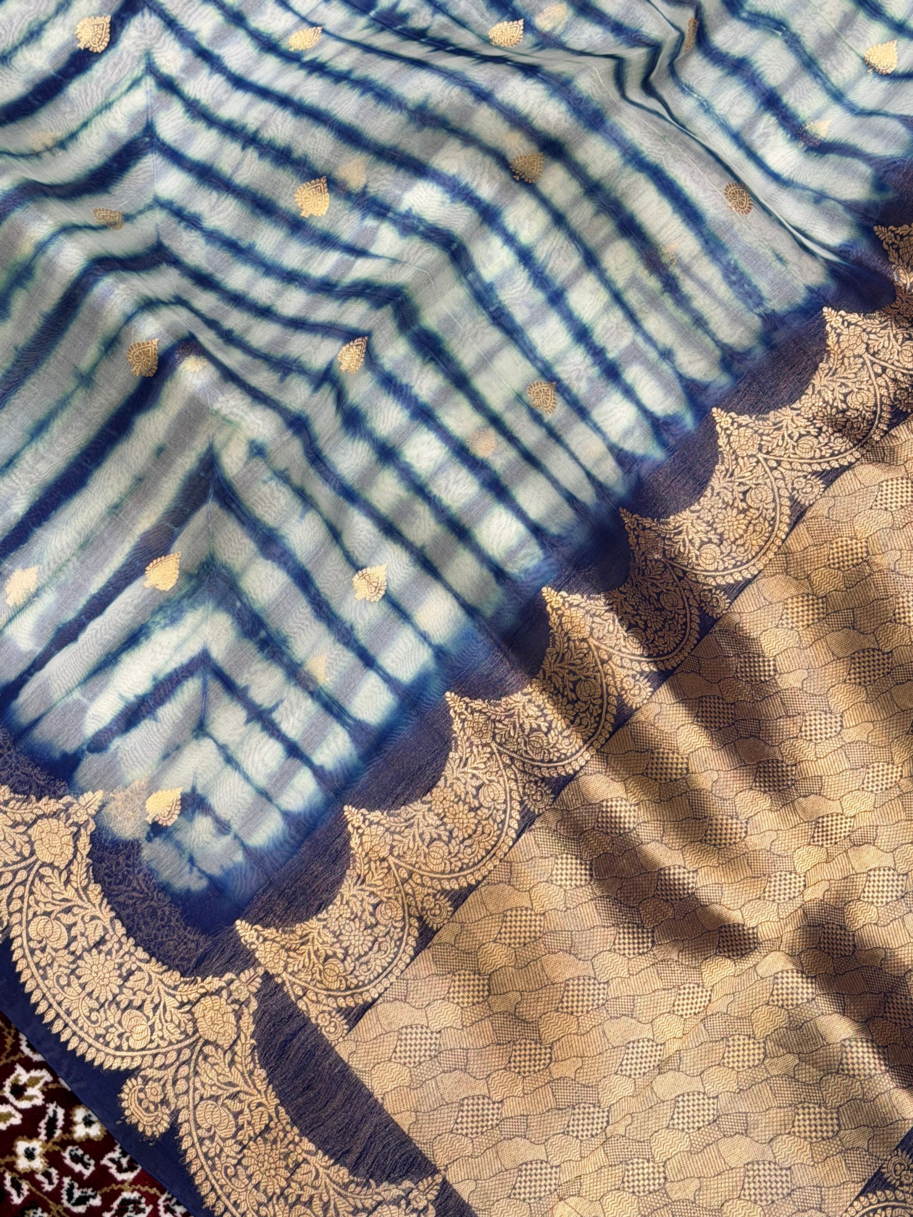 Teal Green Color Pure Organza Handloom Banarasi Saree with Japanese Shibori Dye