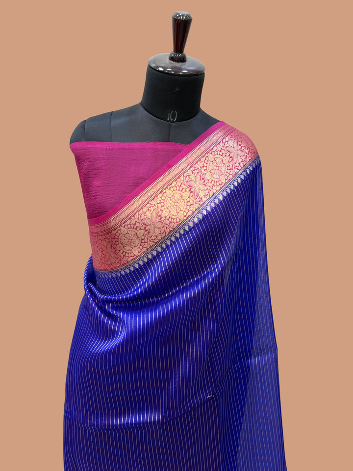 Royal Blue Color Pure Organza Handloom Banarasi Saree - All Over Stripe Design