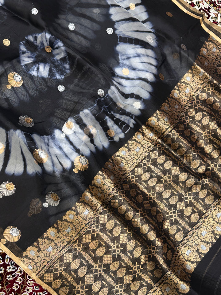 Black Color Pure Organza Handloom Banarasi Saree with Japanese Shibori Dye