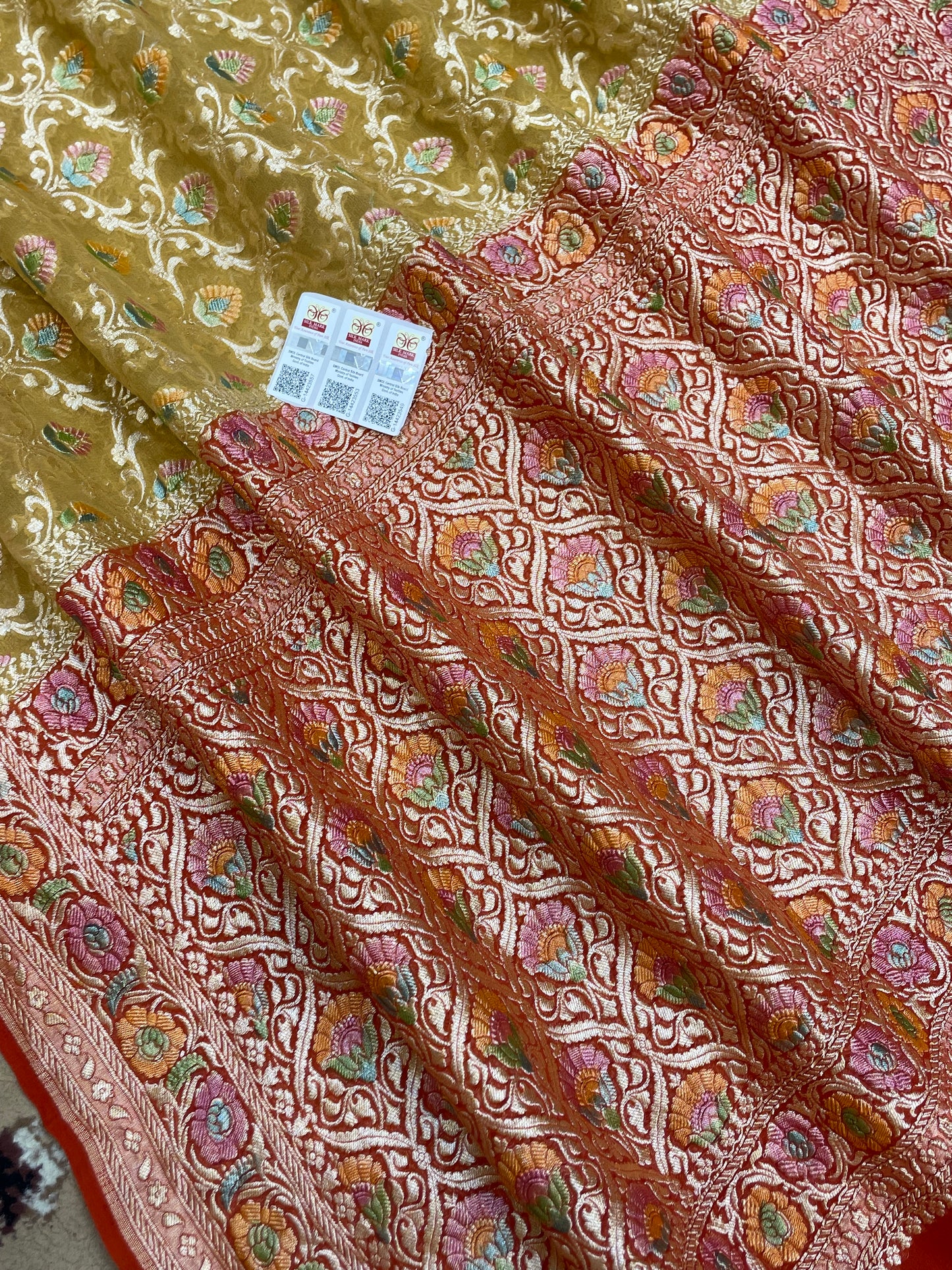 Musterd Color Khaddi georgette Banarasi Saree - All Over Jaal wok with Meenakari