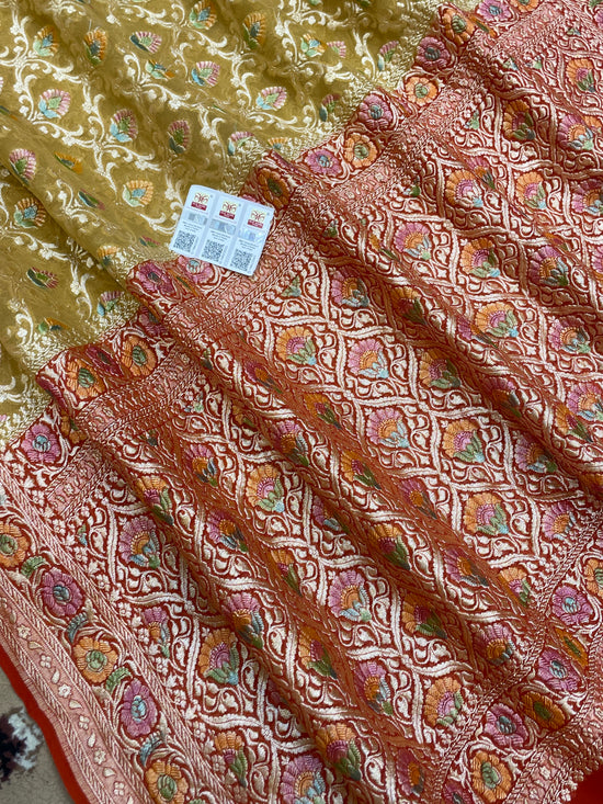 Musterd Color Khaddi georgette Banarasi Saree - All Over Jaal wok with Meenakari