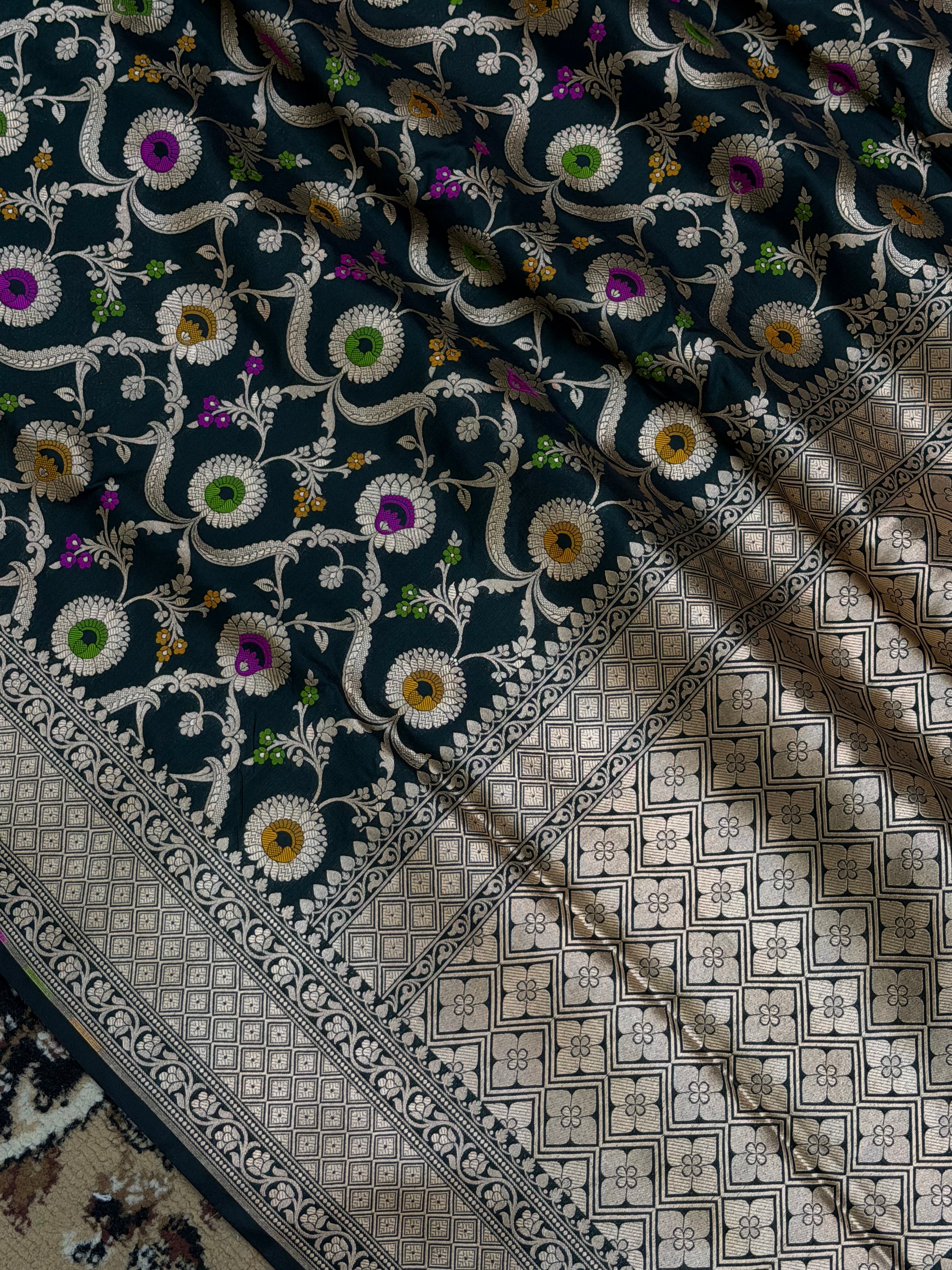Bottle Green Color Pure Silk handloom Banarasi Saree - All Over Jaal Work with Meenakari