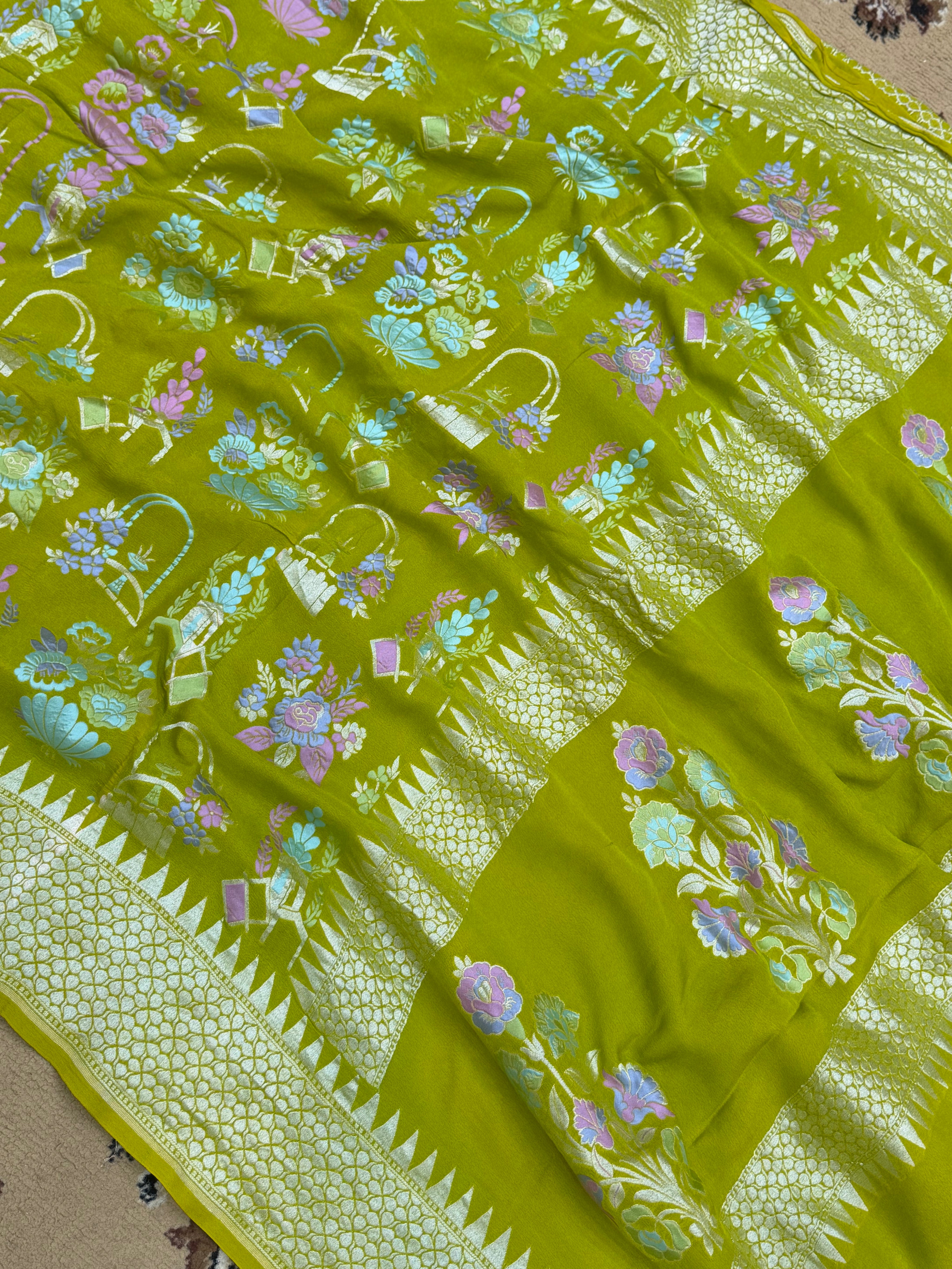 Mahendi Color Khaddi Georgette banarasi Saree - All Over Jaal Work with Tilfi Meenakari