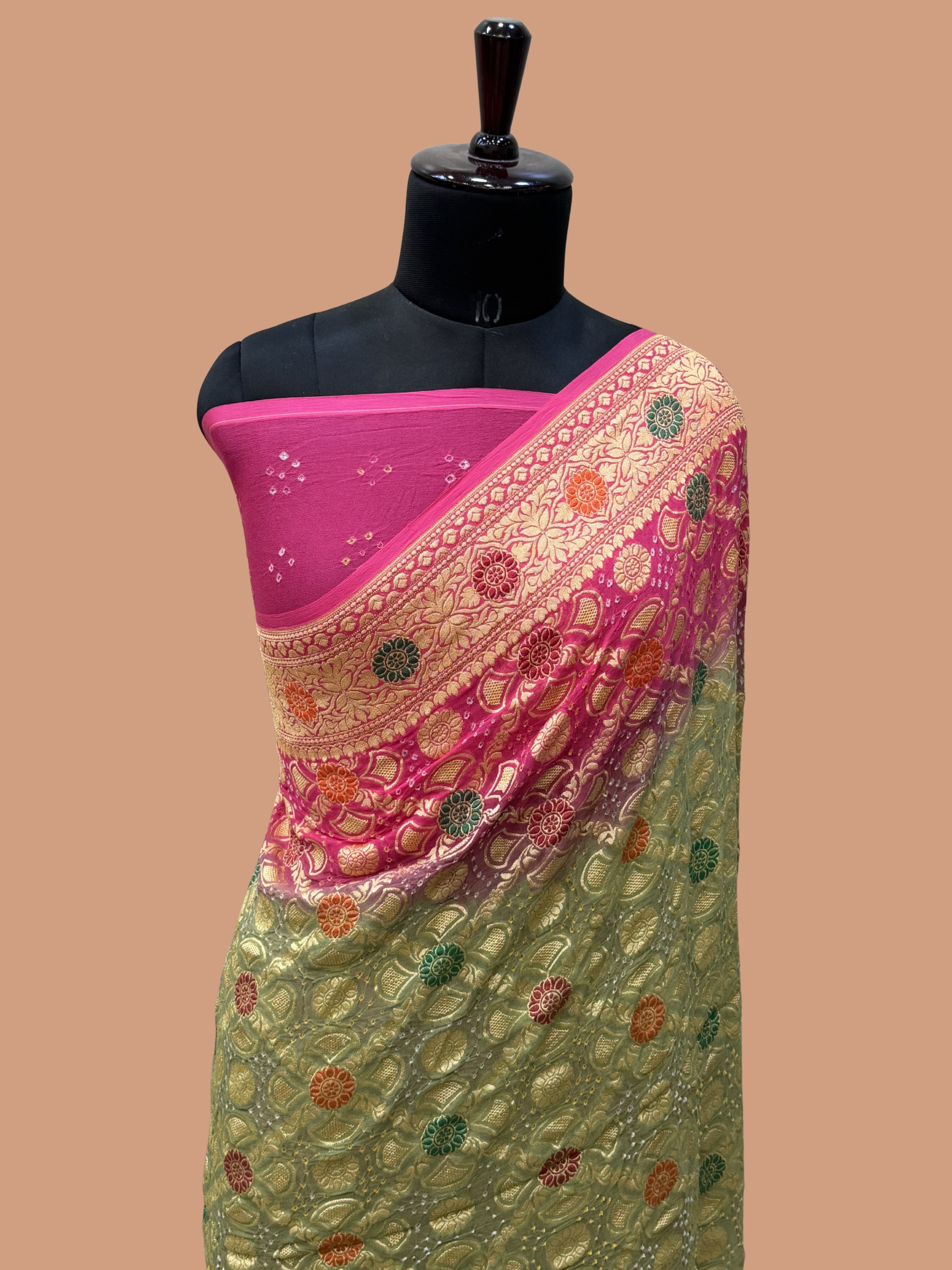 Pure Georgette Banarasi Bandhej Handloom Saree - Meenakari