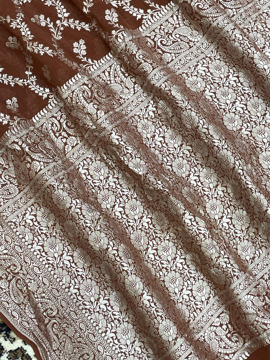 Brown Color Khaddi Georgette Banarasi saree - all over jaal work with water zari