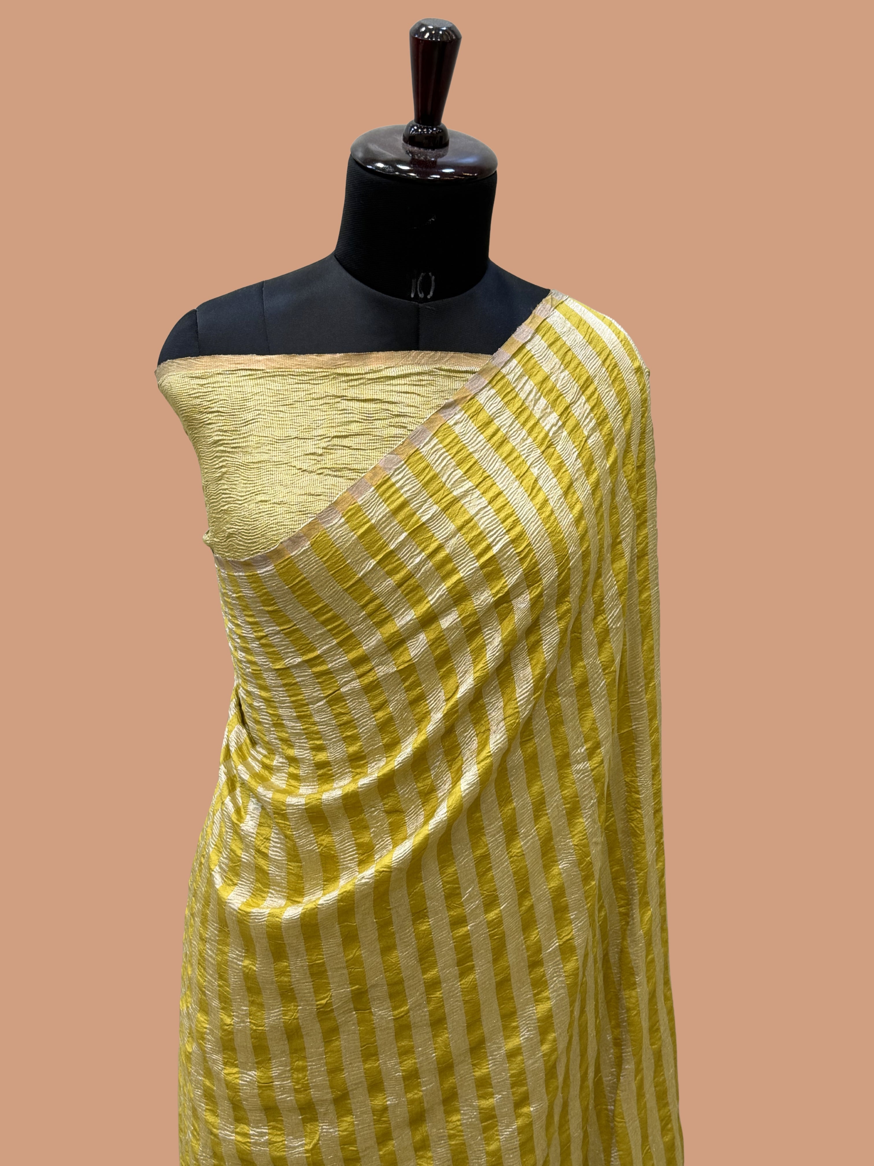 Yellow Color Chiniya Tissue  Silk Banarasi Saree with Stripe Design