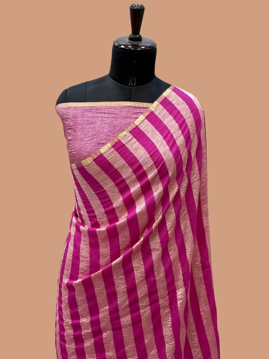Rani Color Chiniya Tissue  Silk Banarasi Saree with Stripe Design