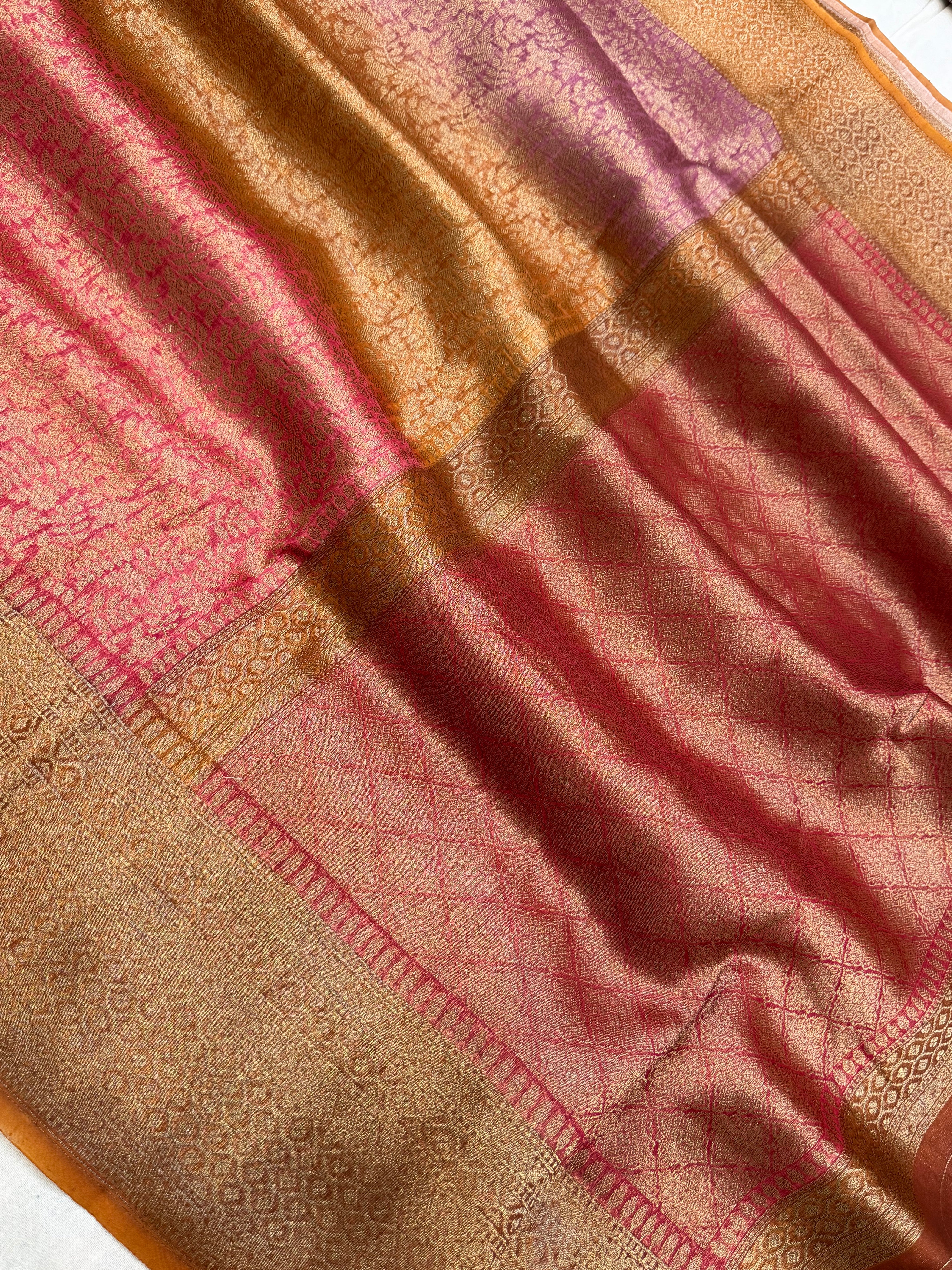 Multi Color Pure Kora Silk Handloom Banarasi Saree - All Over Brocade Jaal Work