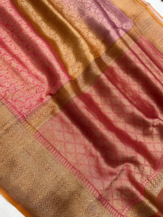 Multi Color Pure Kora Silk Handloom Banarasi Saree - All Over Brocade Jaal Work