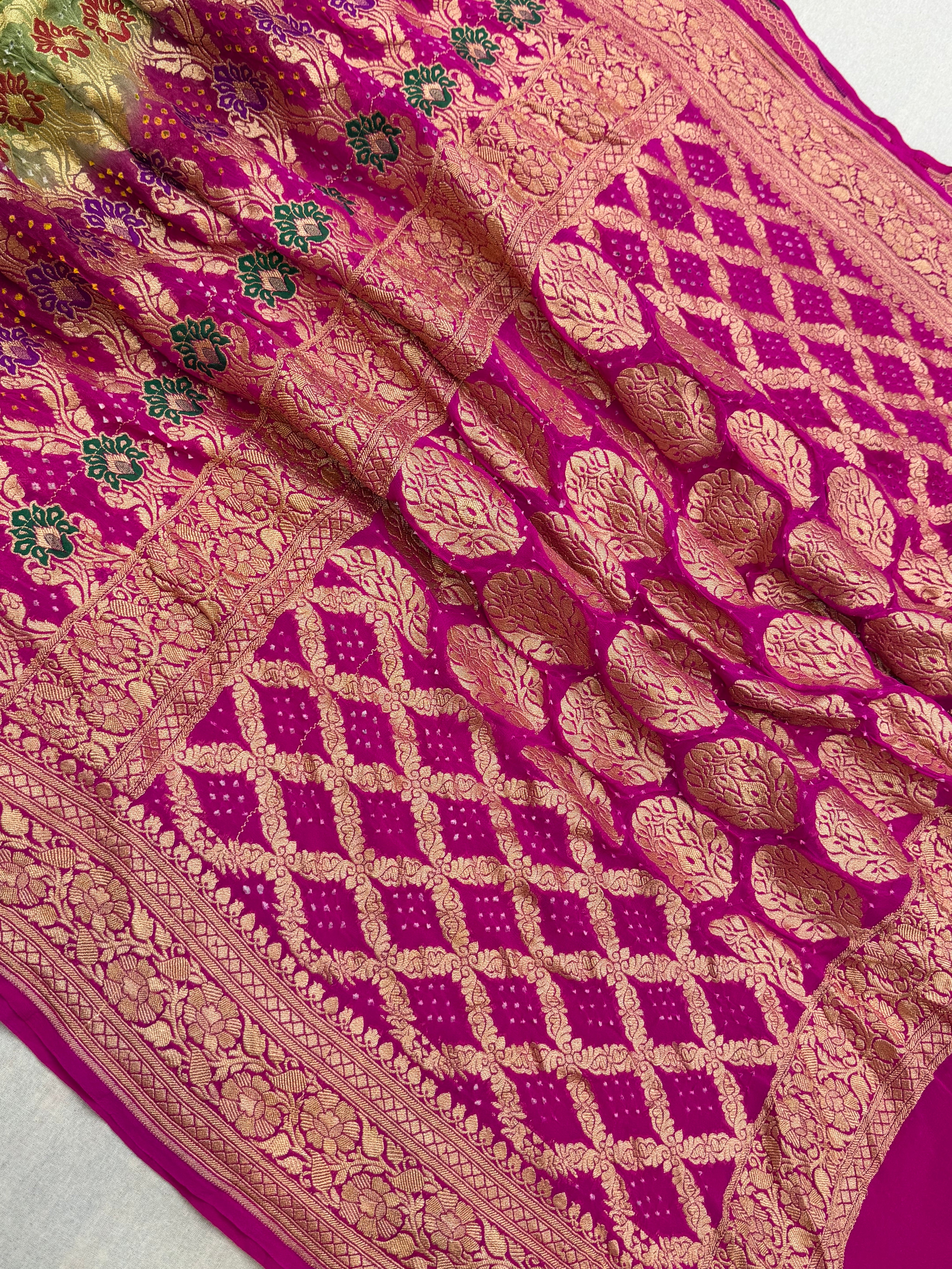 Pure Georgette Banarasi Bandhej Handloom Saree - Meenakari