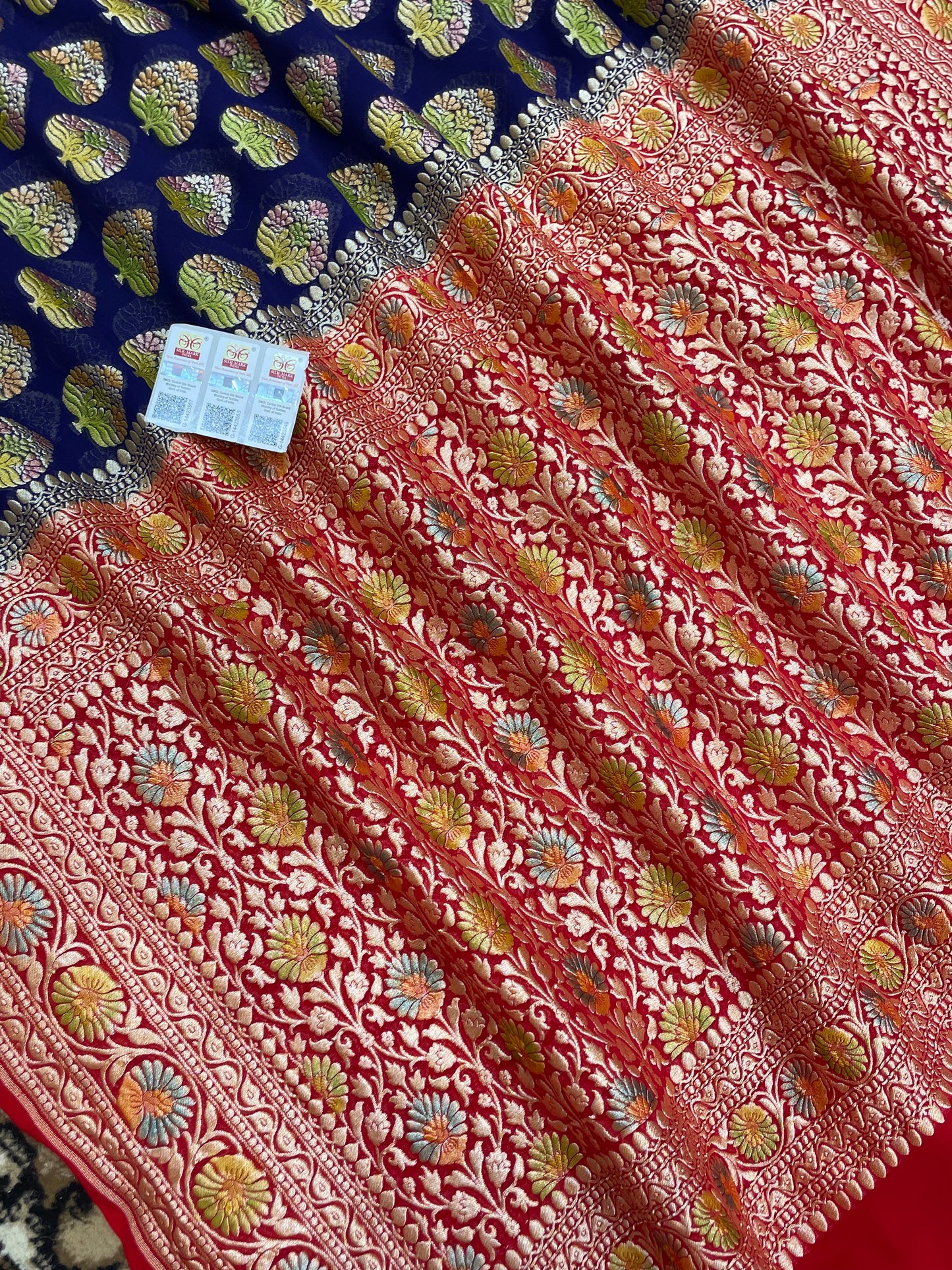 Navy Blue Khaddi Georgette Banarasi Saree - All Over Jaal Work with Meenakari
