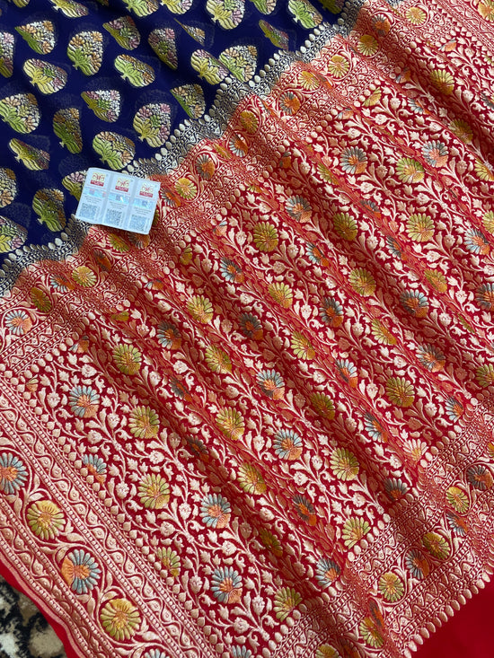 Navy Blue Khaddi Georgette Banarasi Saree - All Over Jaal Work with Meenakari