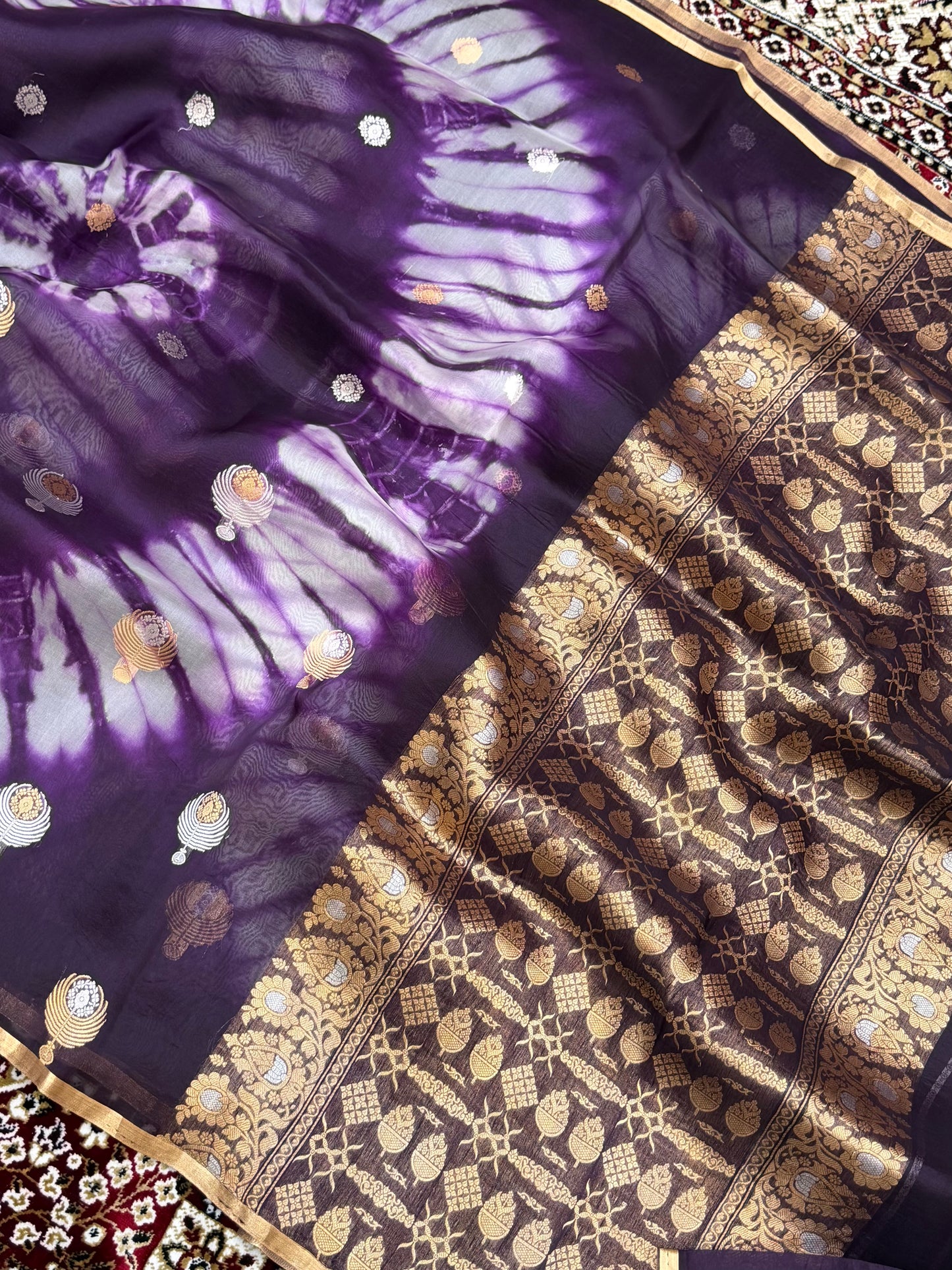 Dark Purple Color Pure Organza Handloom Banarasi Saree with Japanese Shibori Dye